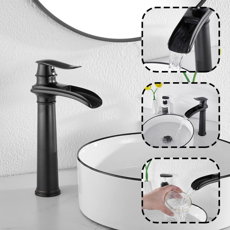 GGStudy Oil Rubbed Bronze Bathroom Faucet Single Handle One Hole Waterfall Farmhouse Bathroom Vessel Sink Faucet Matching with Pop Up Drain - Image 5